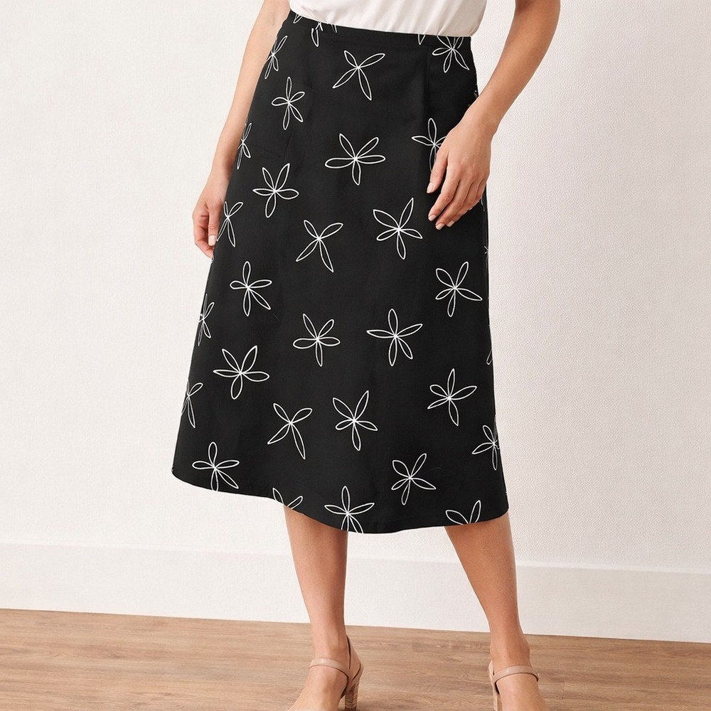 New York & Company Black Classic Floral Midi Skirt Womens 16 A-Line Cotton